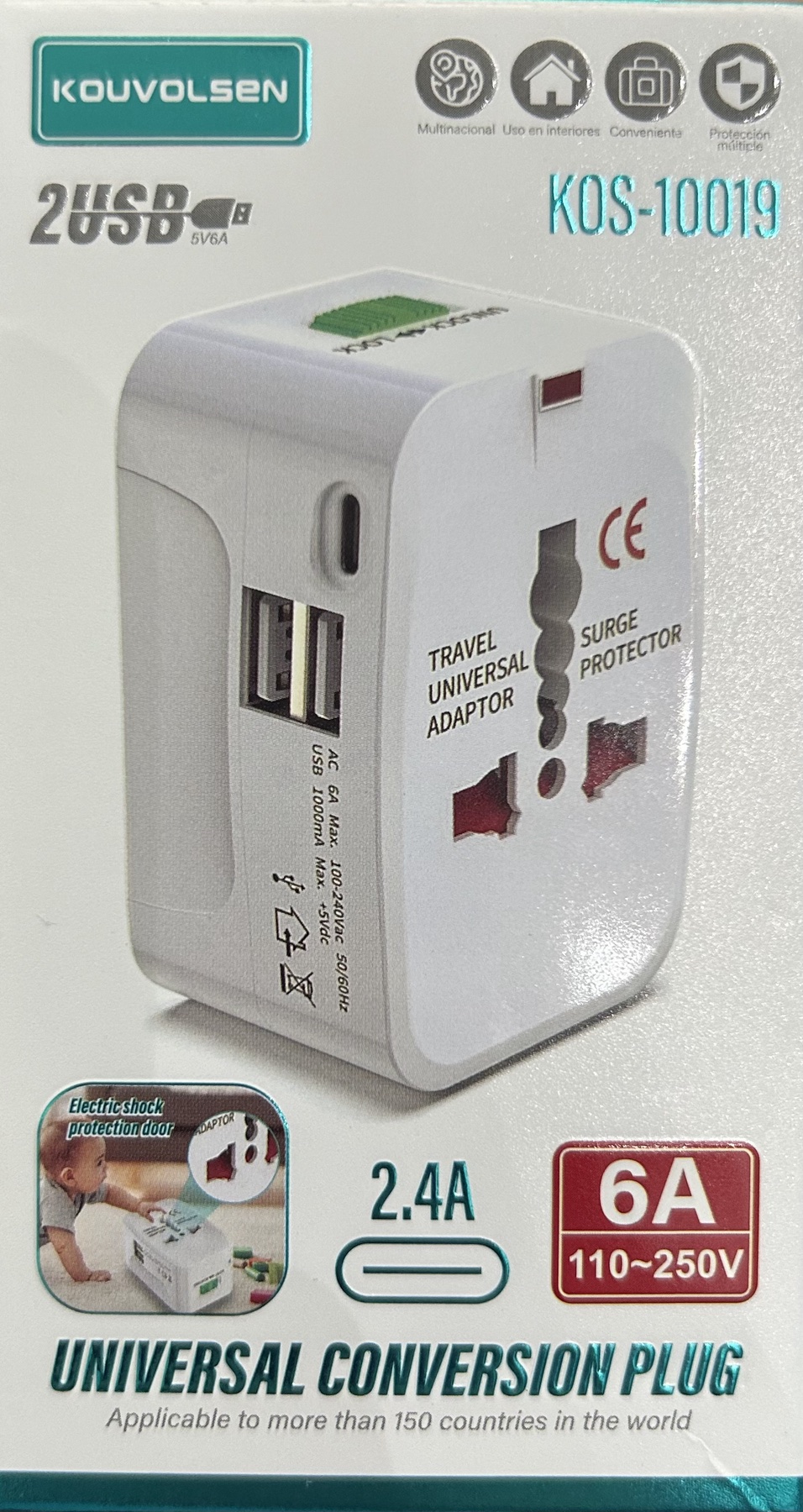 Kouvolsen Travel Adapter 2 USB + USB Type C 6A