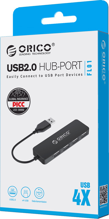 Orico USB 2.0 Hub 4 Θυρών με σύνδεση USB-A Μαύρο